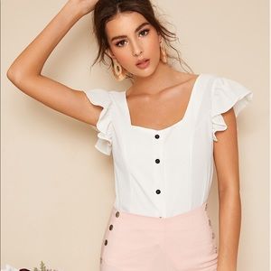 Button front ruffle sleeve top